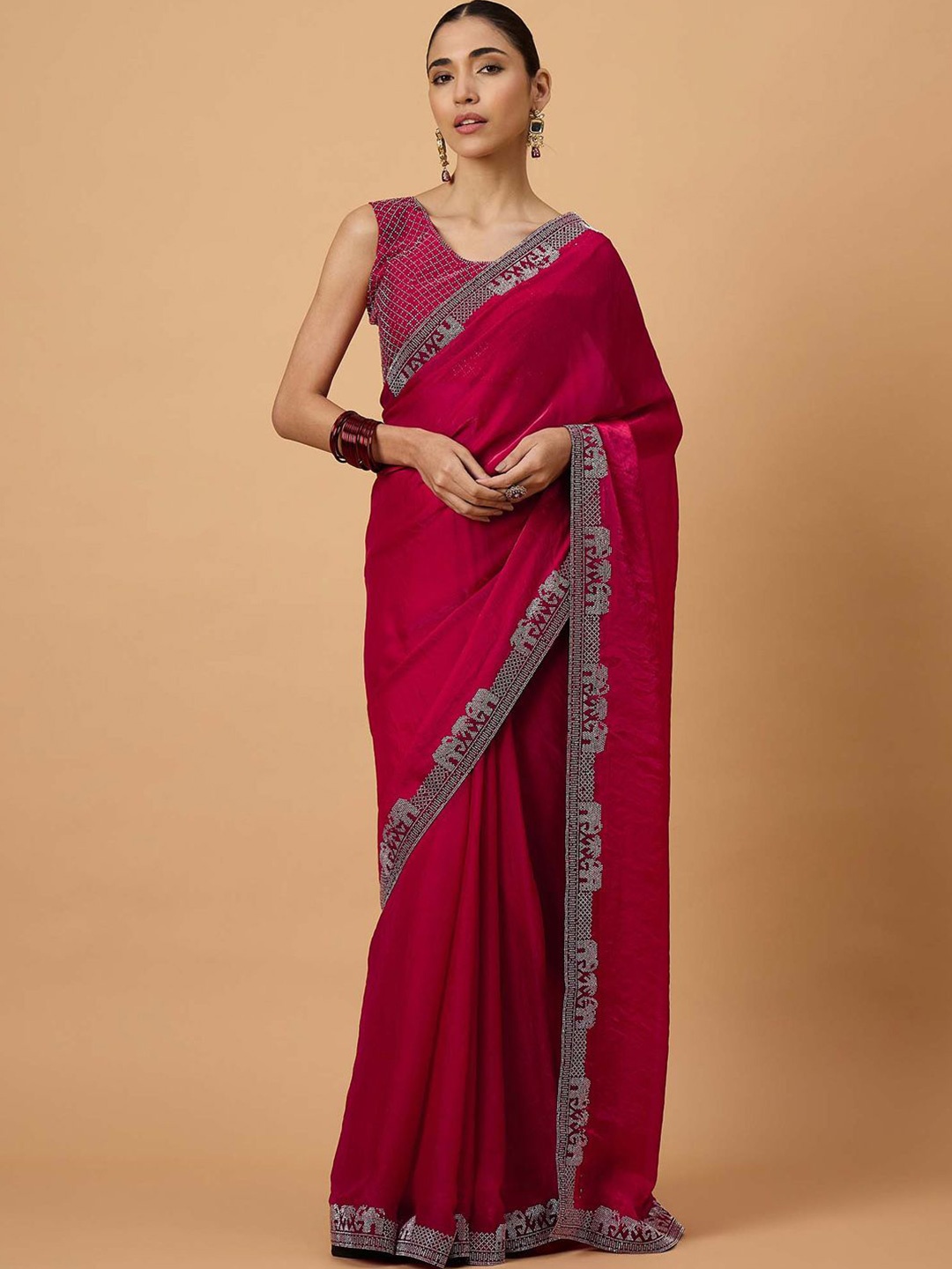 

all about you Embellished Beads and Stones Saree, Pink