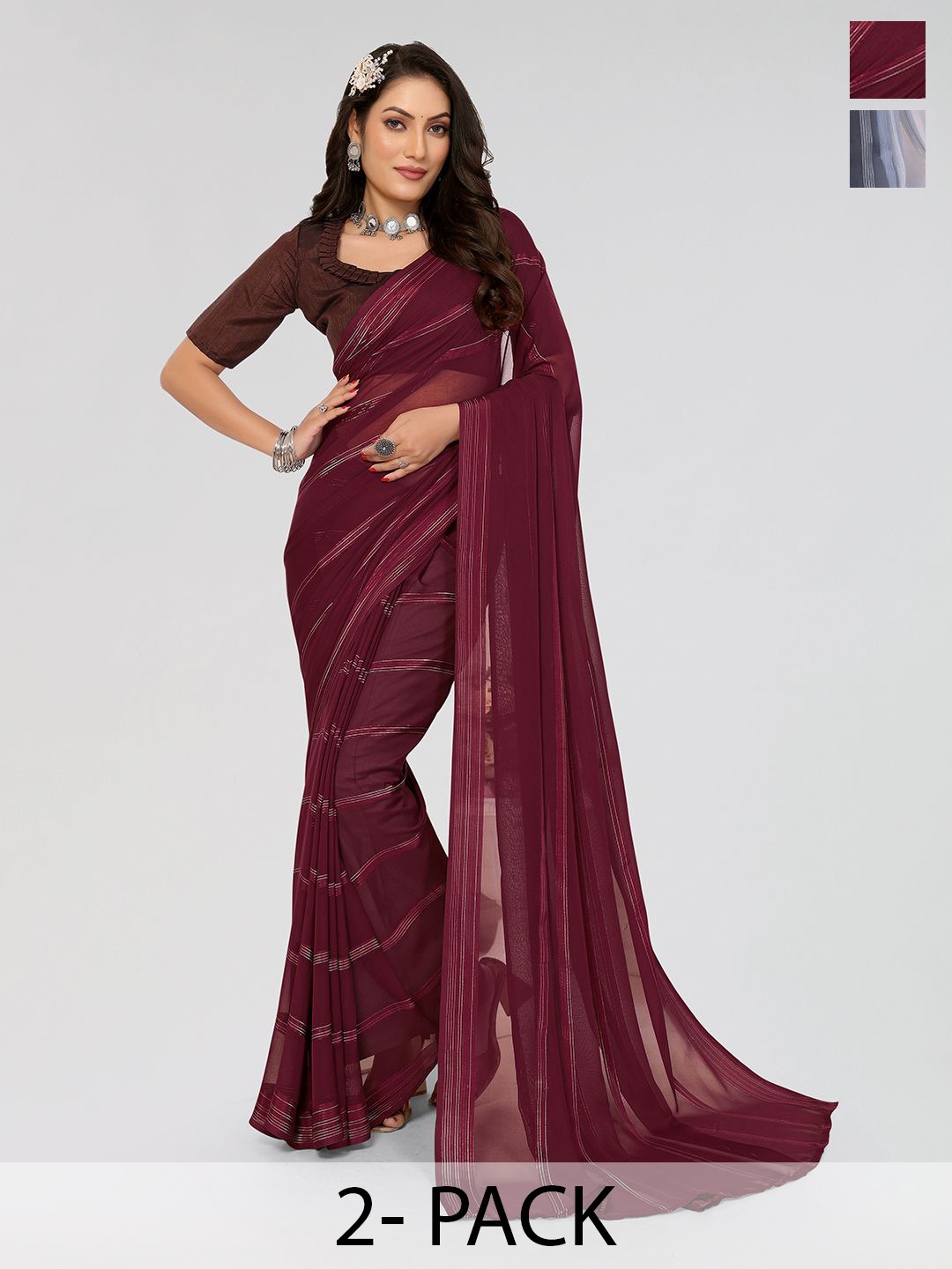 

Moda Rapido Set of 2 Striped Satin Sarees, Maroon