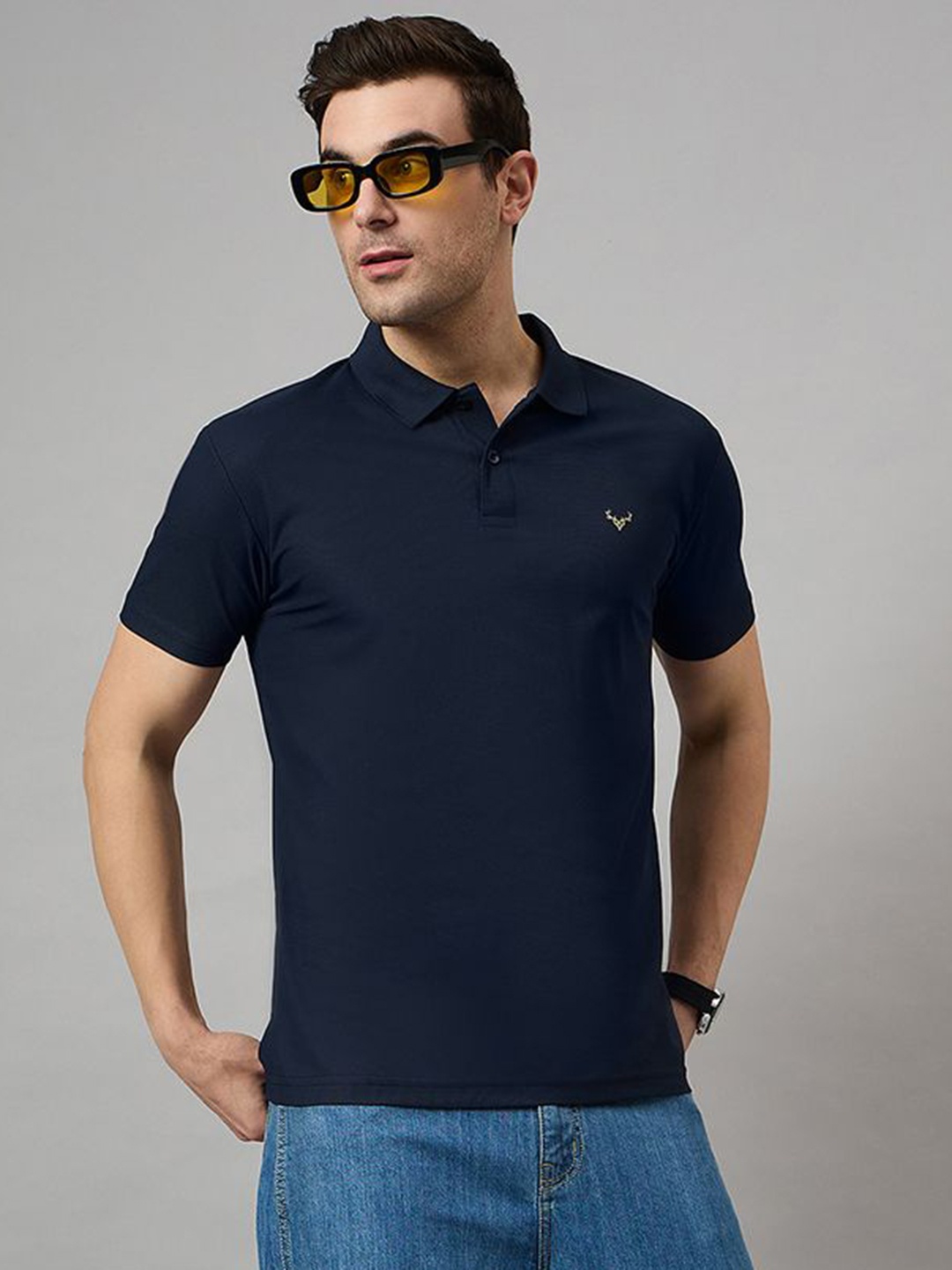 

BRONATION Men Solid Polo Collar Cotton T-shirt, Navy blue