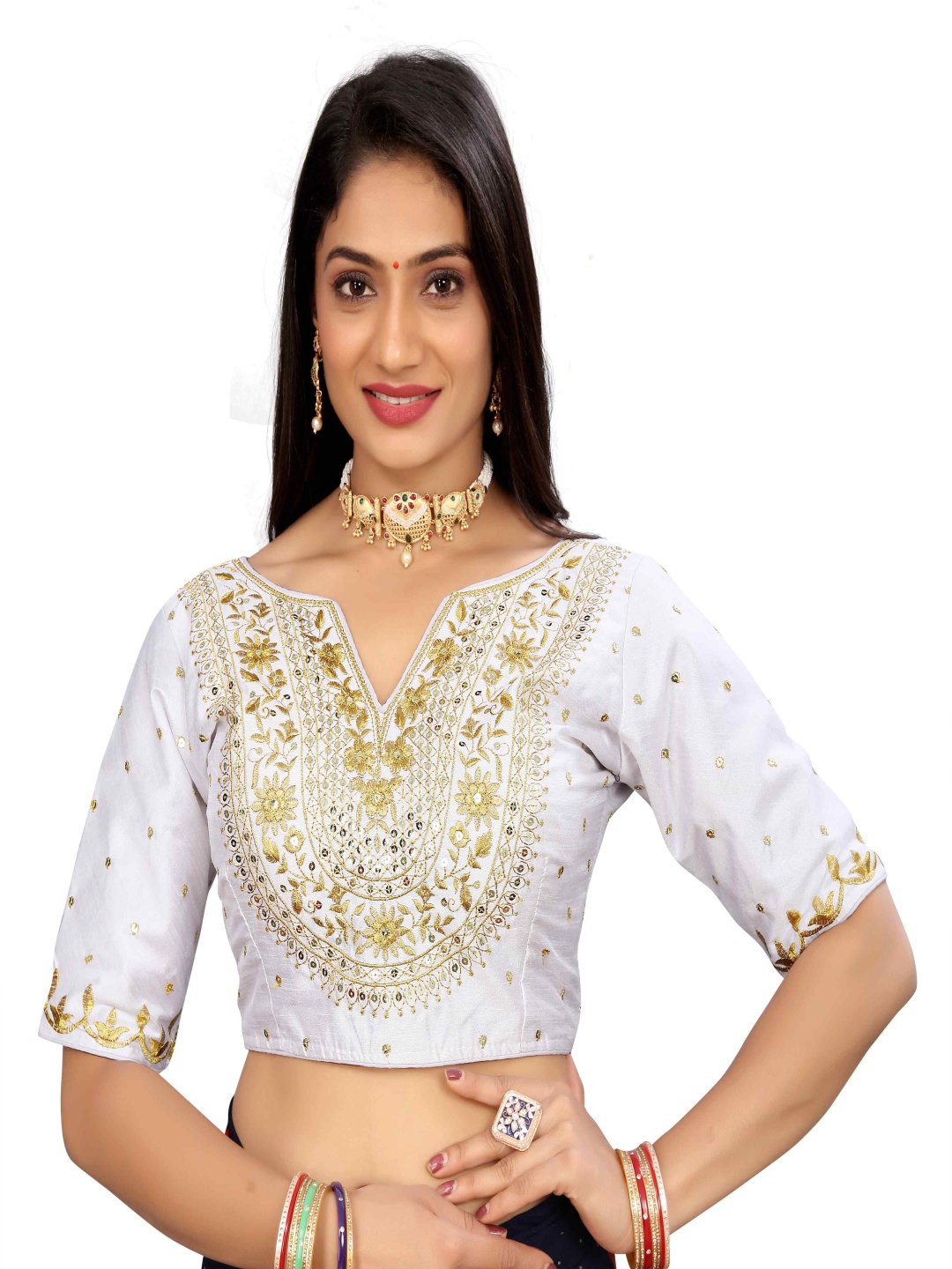 

HERE&NOW Women Embroidered V-Neck Saree Blouse, White