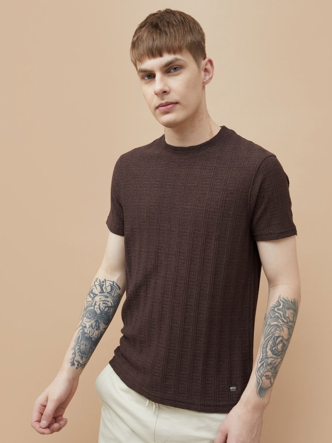 

Fame Forever by Lifestyle Men Self Design Round Neck Cotton T-shirt, Brown