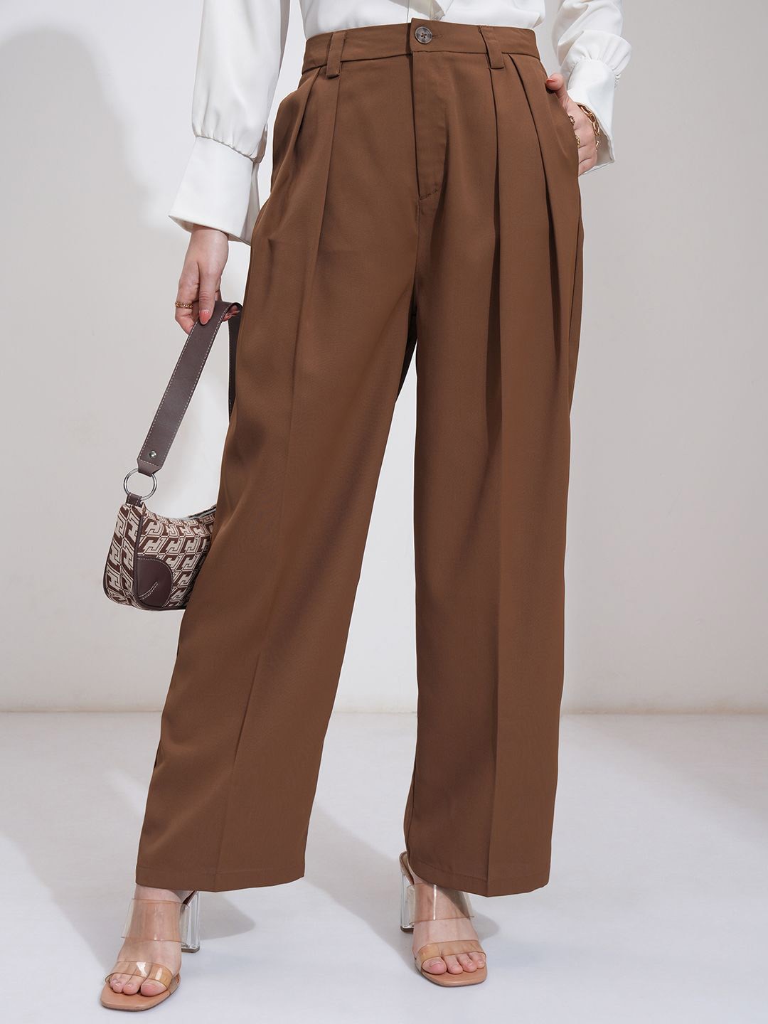 

Tokyo Talkies Women Solid Pleated Straight Leg Pants, Brown