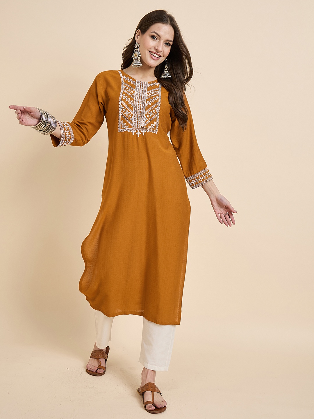 

Anouk Rustic Women Floral Embroidered Sequinned Floral Kurta, Mustard