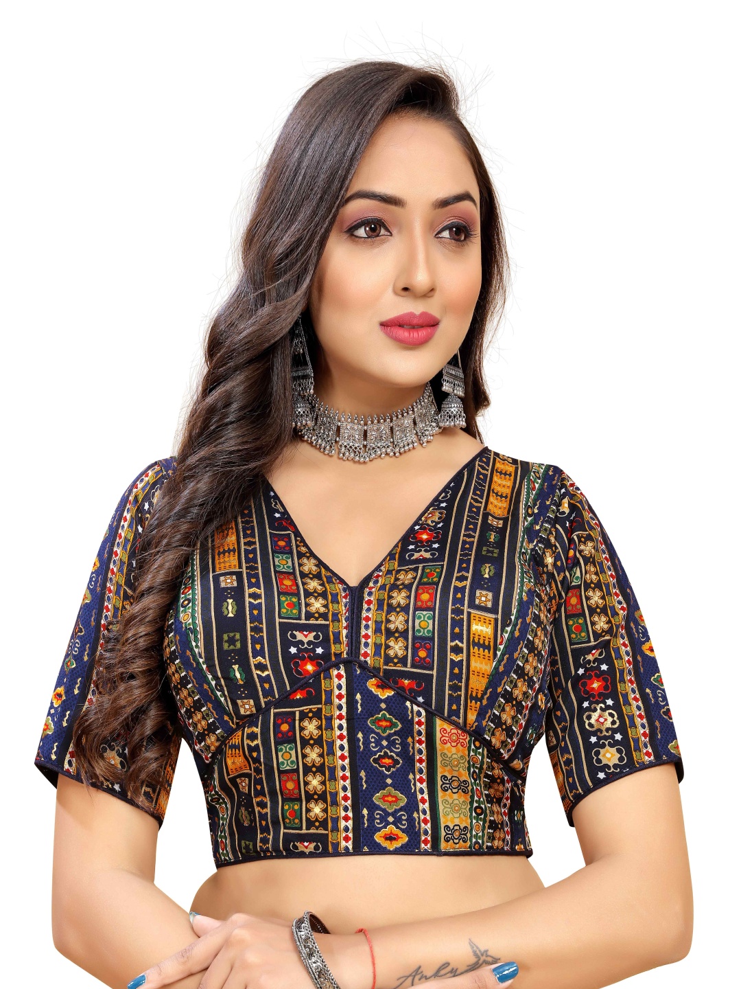 

HERE&NOW Women Printed V Neck Saree Blouse, Blue