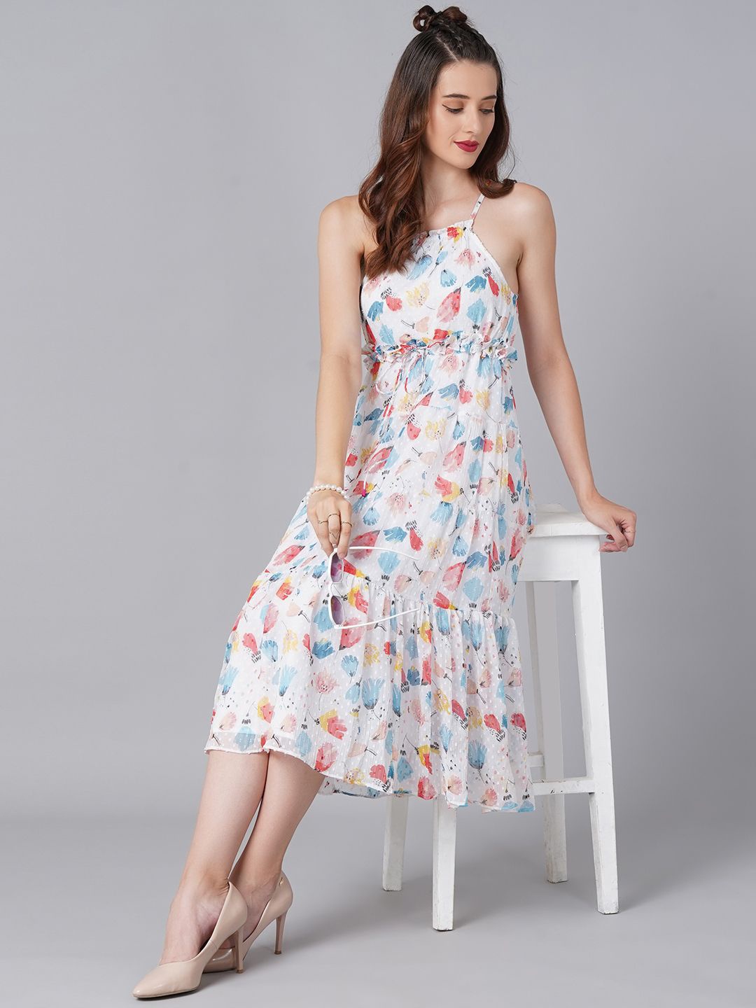 

Moda Rapido Floral Print Chiffon A-Line Midi Dress, White