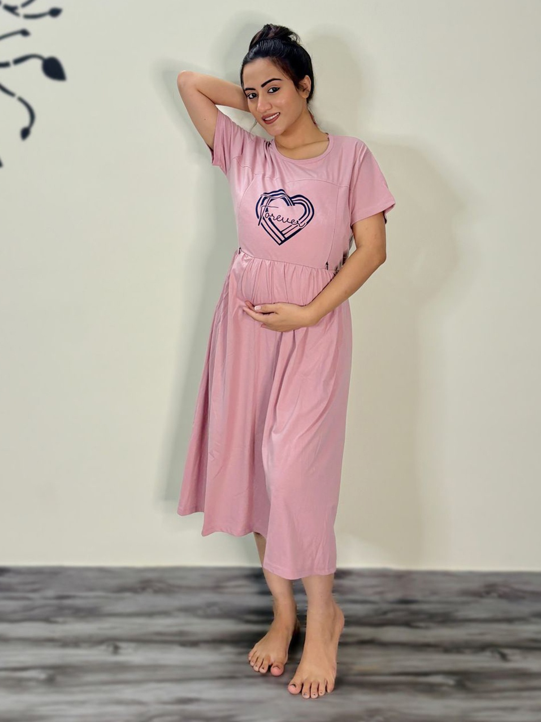 

SWEET MOON Geometric Printed Cotton Maternity Nightdress, Pink