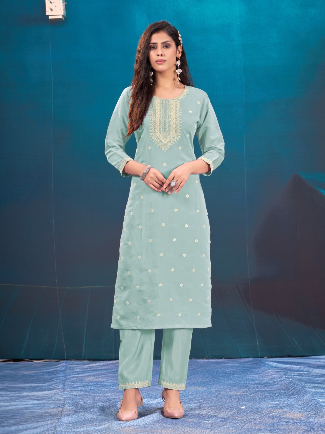 

Raave Round Neck Floral Embroidered Straight Kurta With Trousers, Green