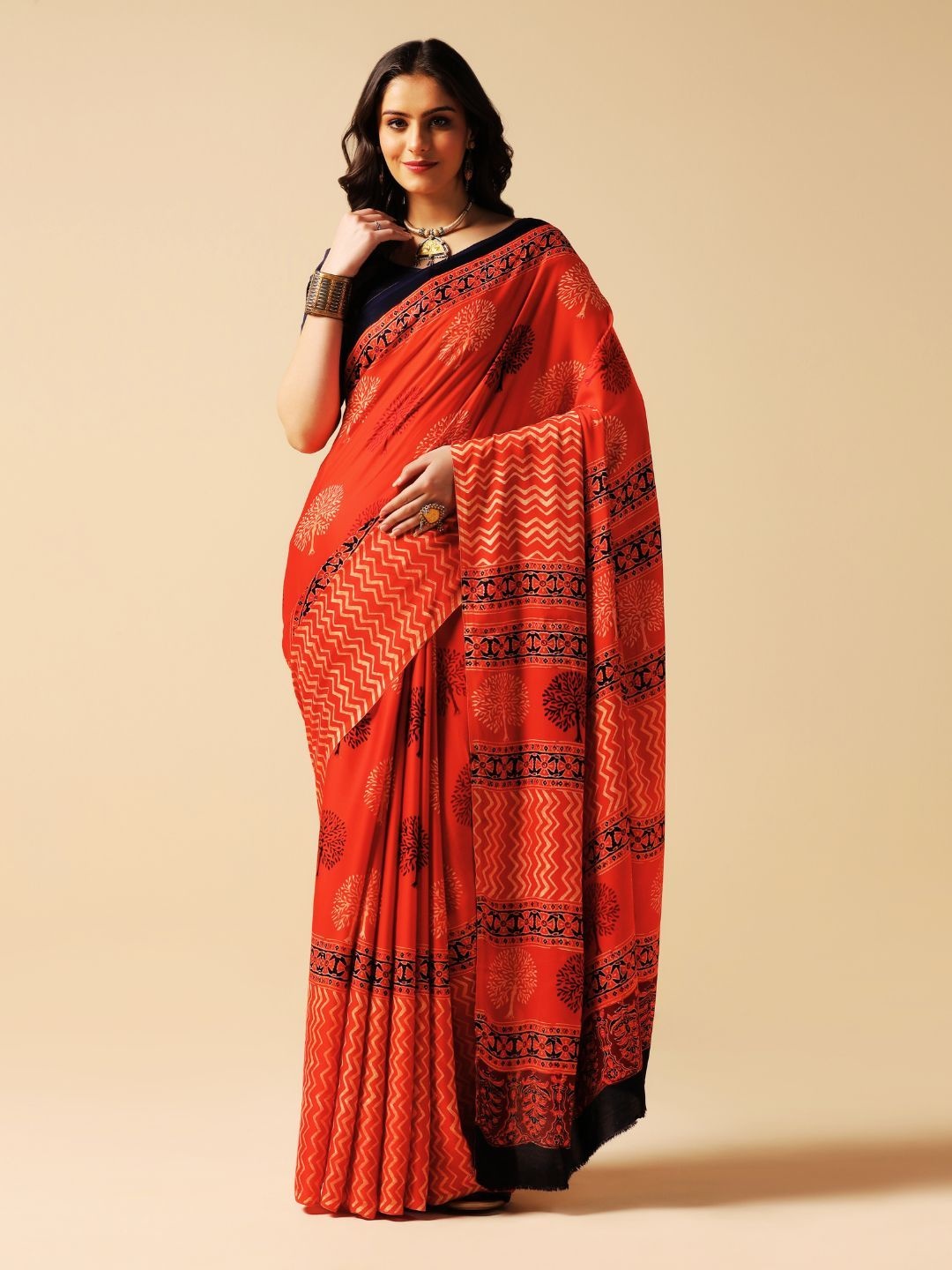 

ADITRI Pure Silk Handprinted Ajrakh Saree, Red