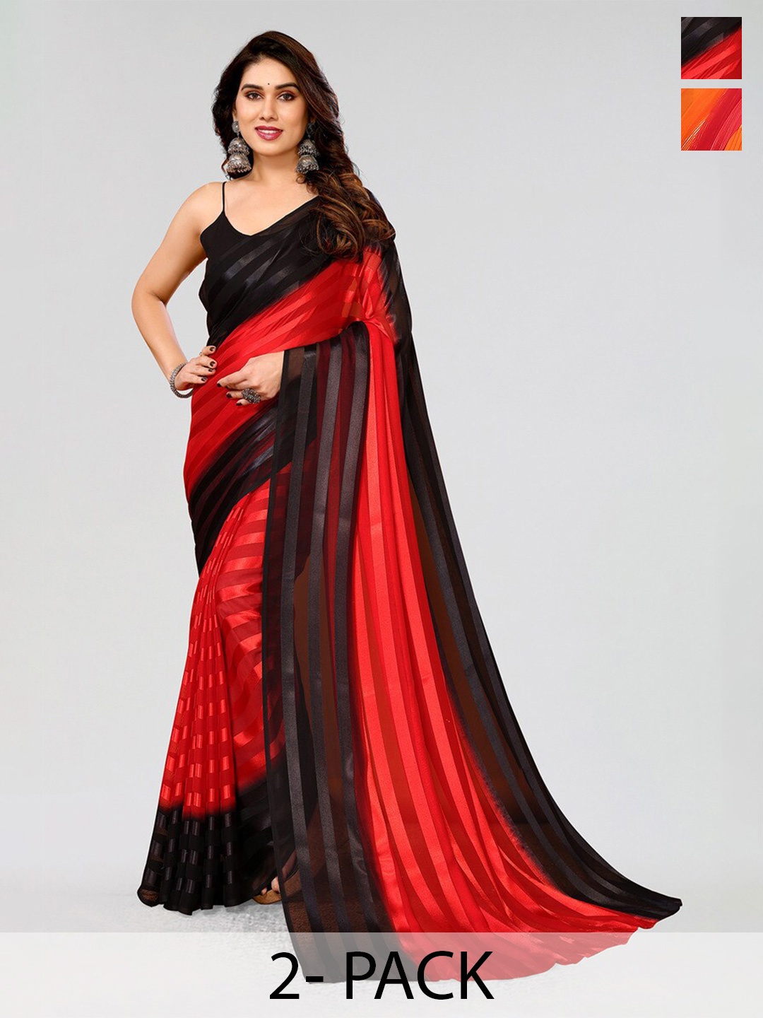 

Moda Rapido Set of 2 Striped Satin Sarees, Red