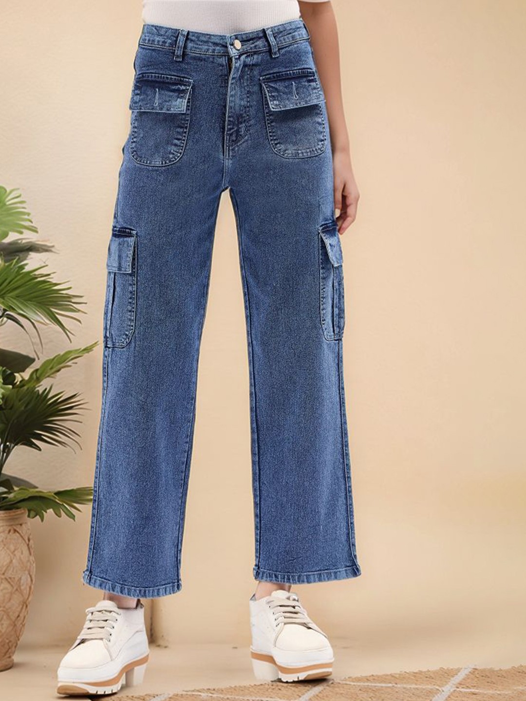 

Mast & Harbour Women Cotton Straight Fit High-Rise Cargo Styles Cotton Jeans, Blue