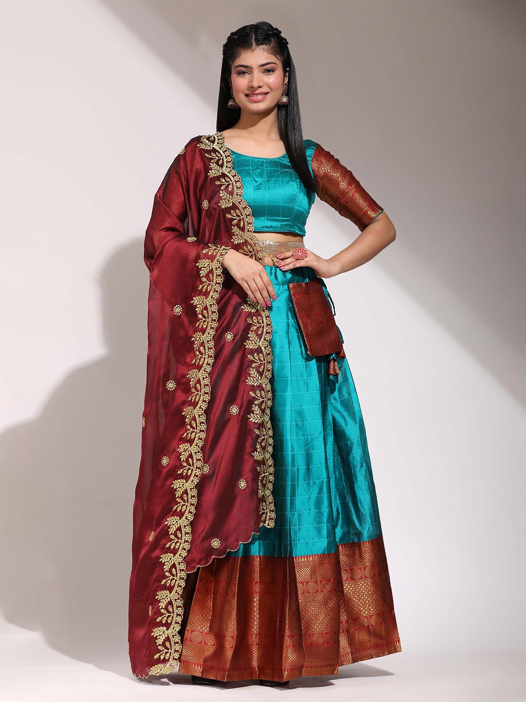 

Fabcartz Checked Woven Design Zari Unstitched Blouse And Lehenga With Dupatta, Blue