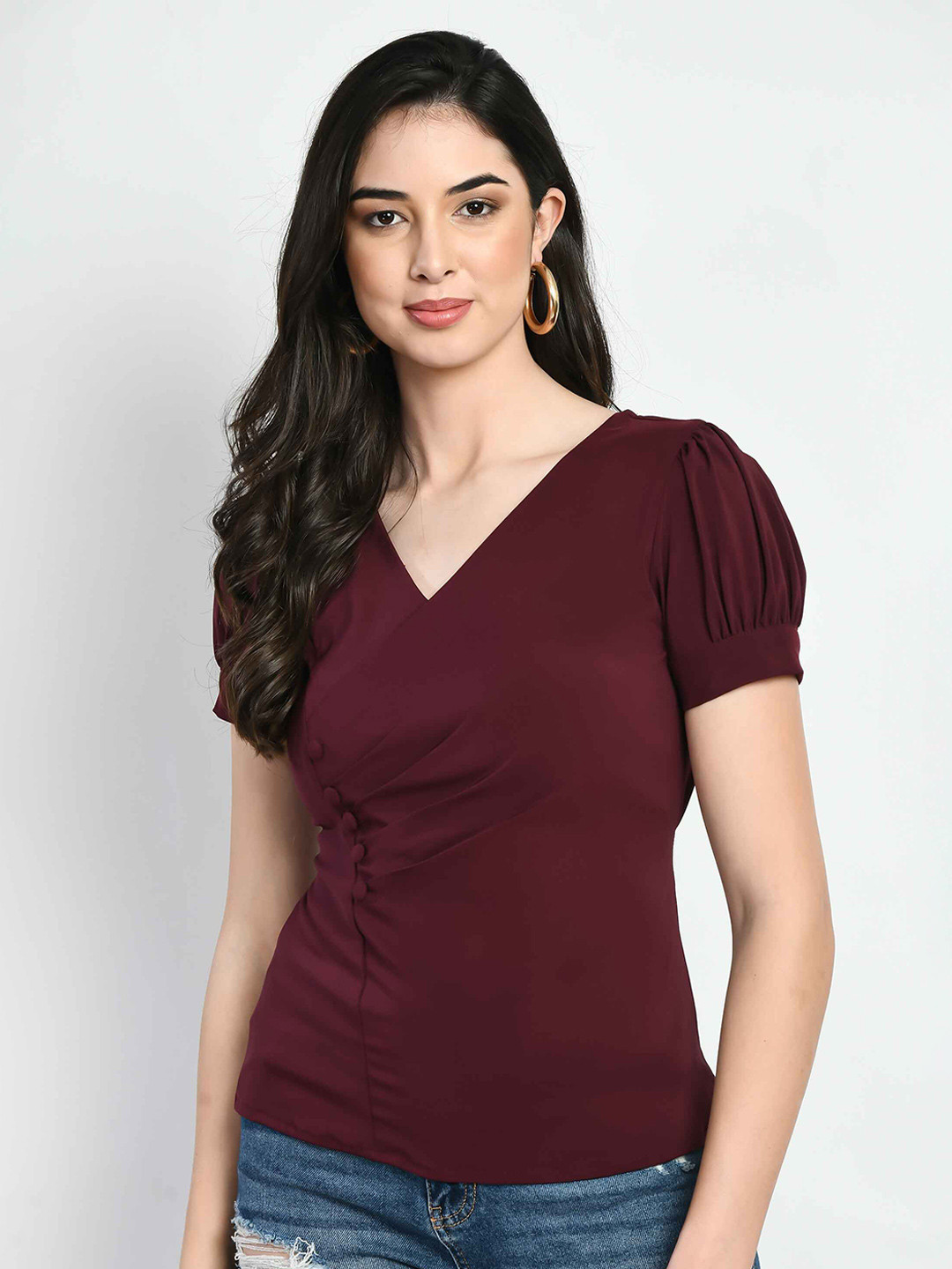 

Fruba Women Solid V-Neck Top, Maroon