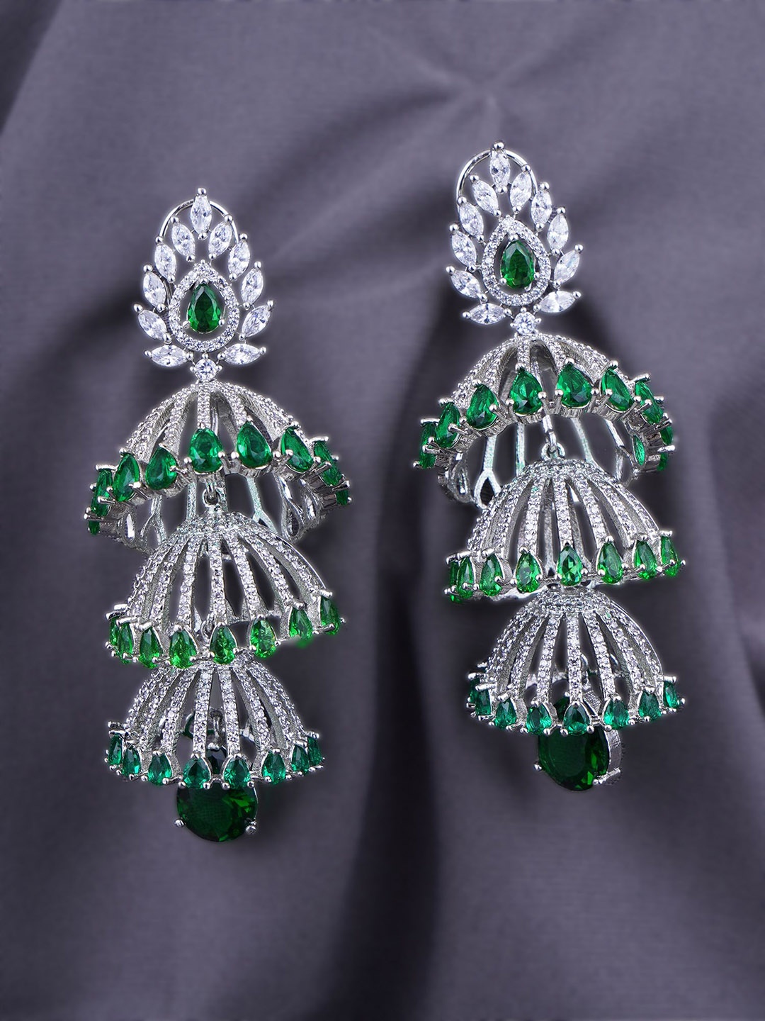 

Adwitiya Collection Rhodium-Plated Green Emerald & AD Studded Dome Shaped Drop Earrings