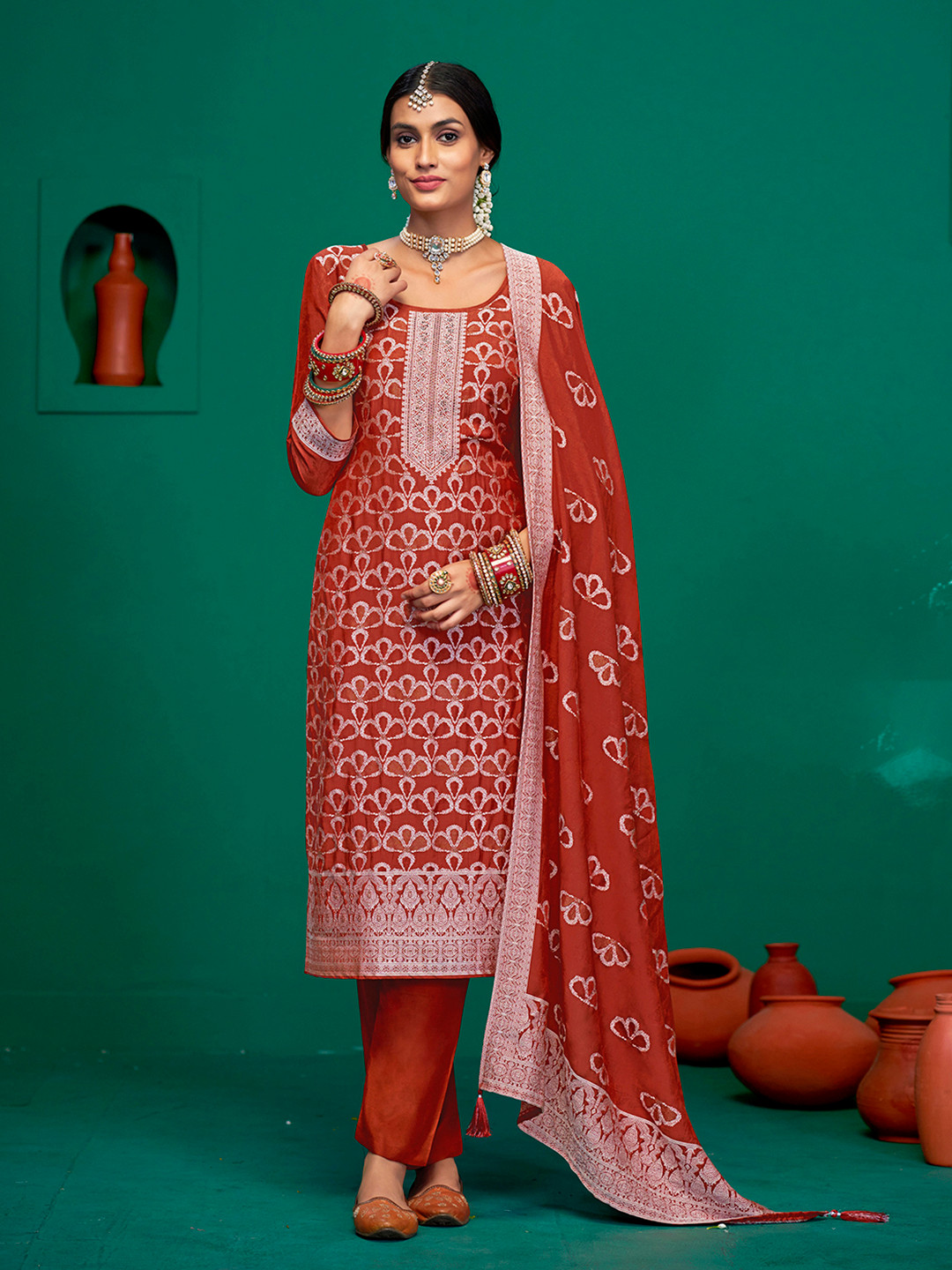 

Anouk Red Floral Woven Design Zari Work Lakhnavi Jacquard Unstitched Dress Material
