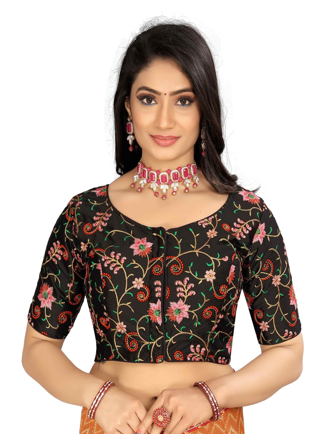 

HERE&NOW Embroidered Round Saree Blouse, Black