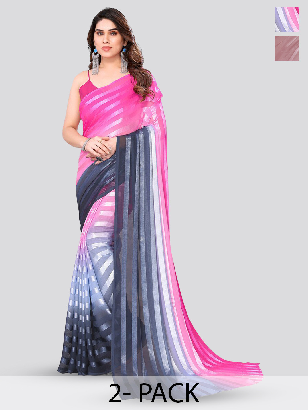

Moda Rapido Set of 2 Colourblocked & Striped Satin Sarees, Pink