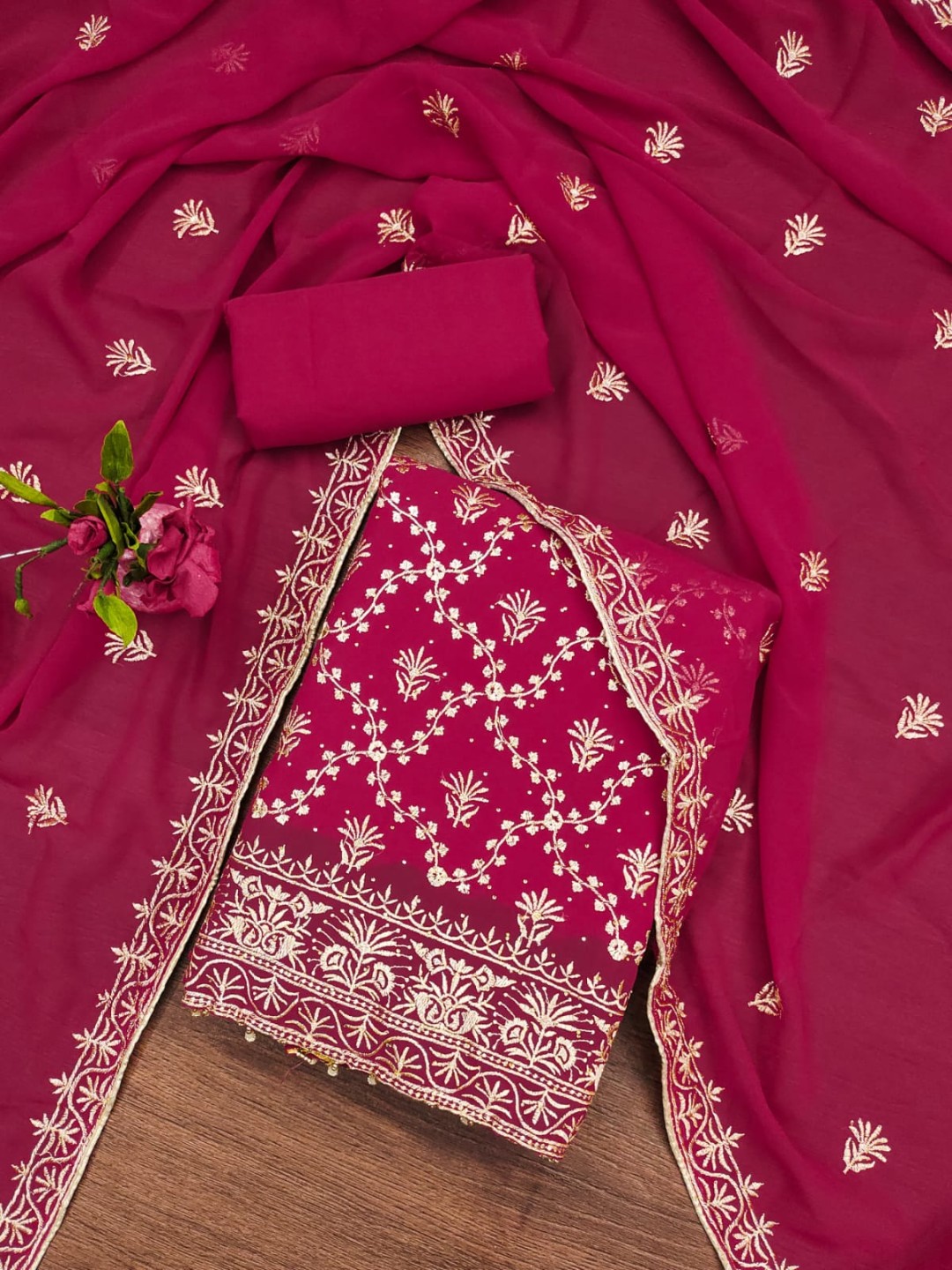 

BlissFlair Floral Embroidered Unstitched Dress Material, Maroon