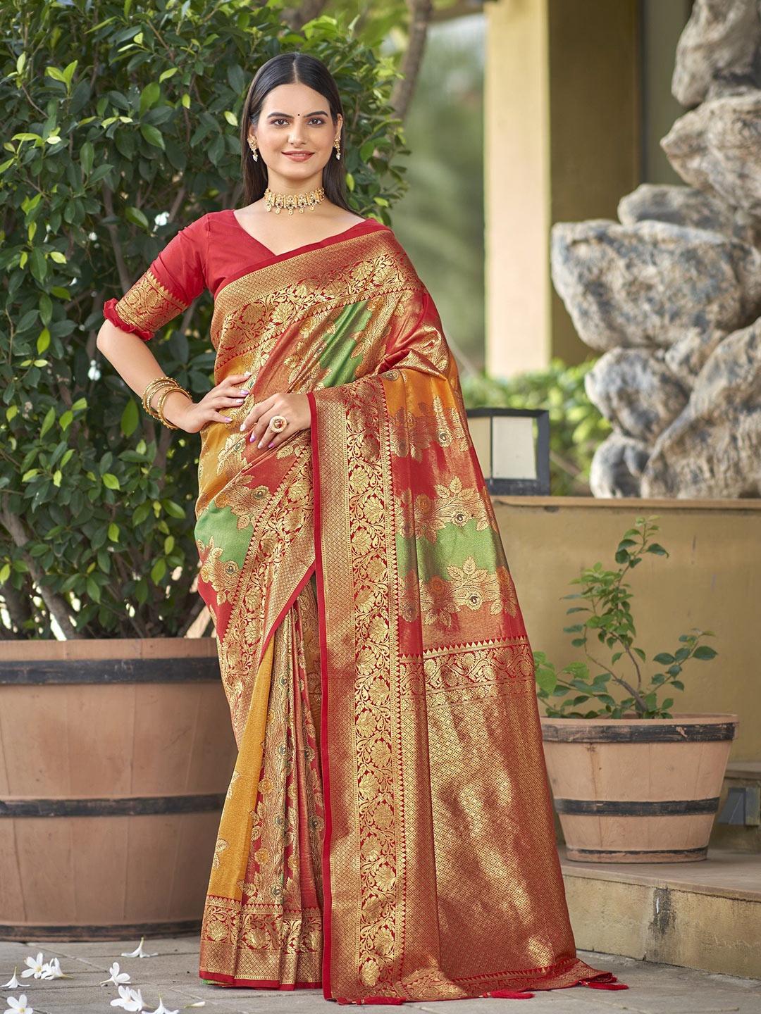 

SAREETHNIC Woven Design Zari Pure Silk Dharmavaram Saree With Blouse Piece, Red