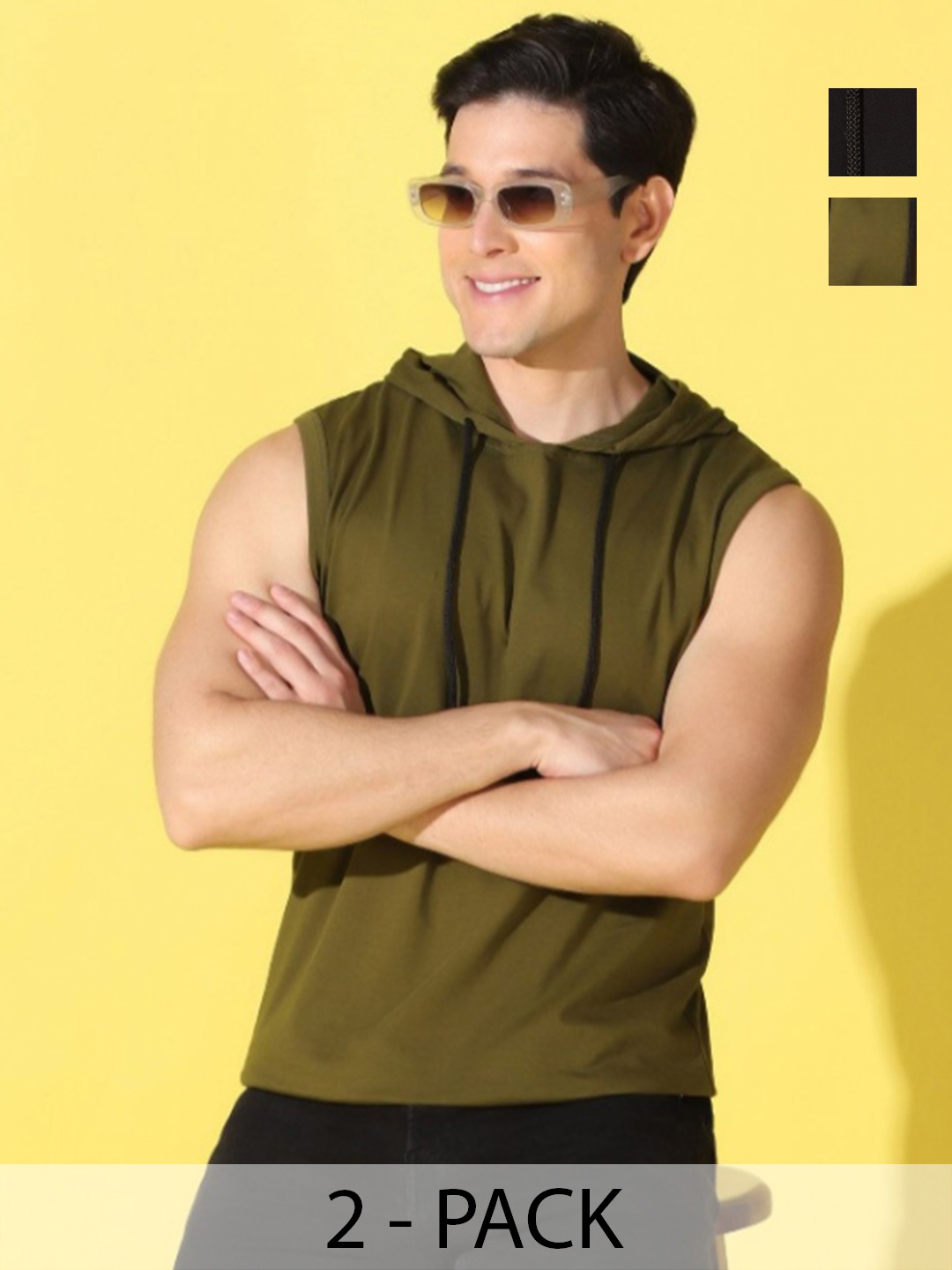 

WOOSTRO Men Pack Of 2 Solid Hooded Cotton T-shirts, Olive