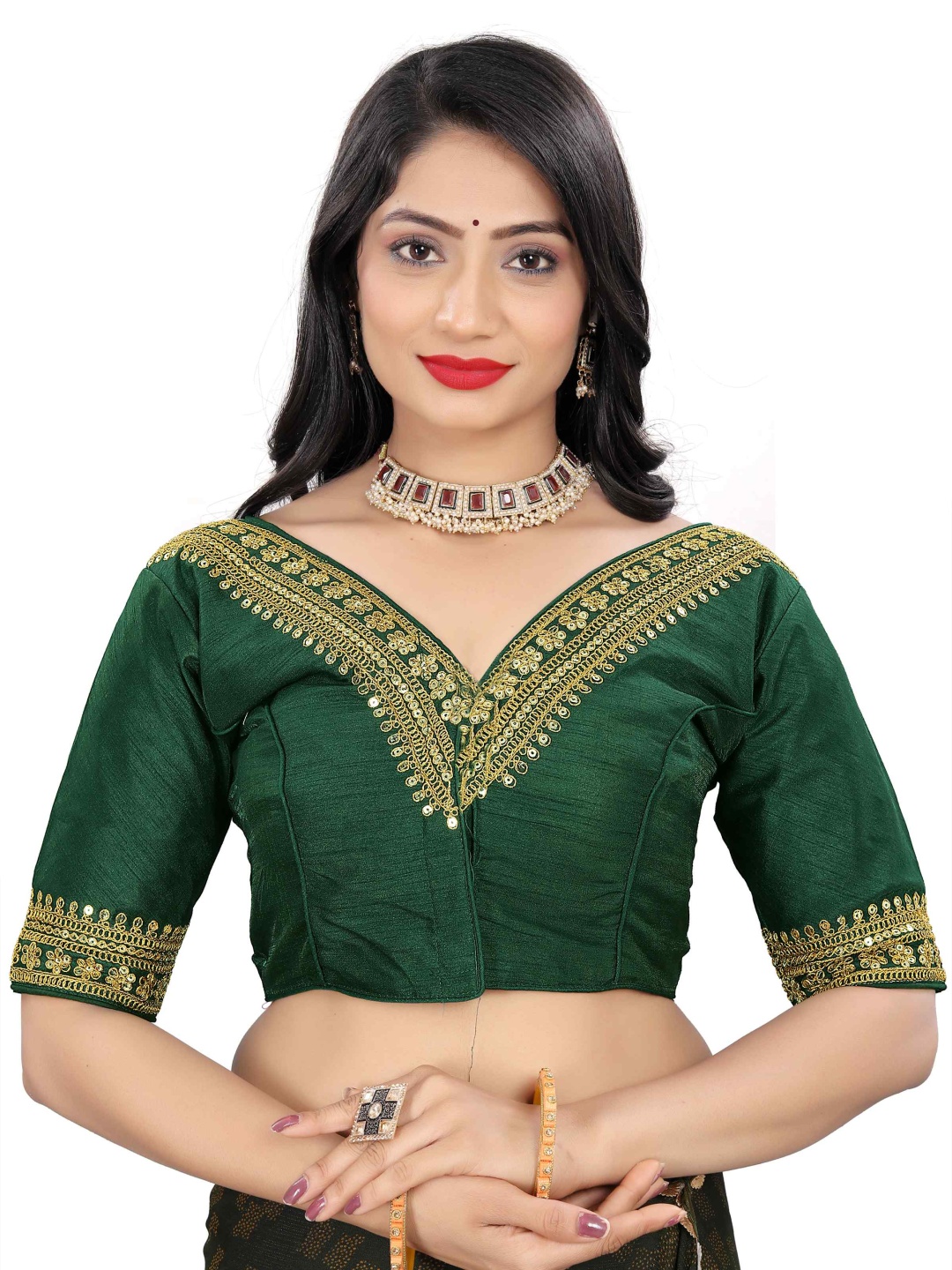 

HERE&NOW Embroidered V Neck Saree Blouse, Green