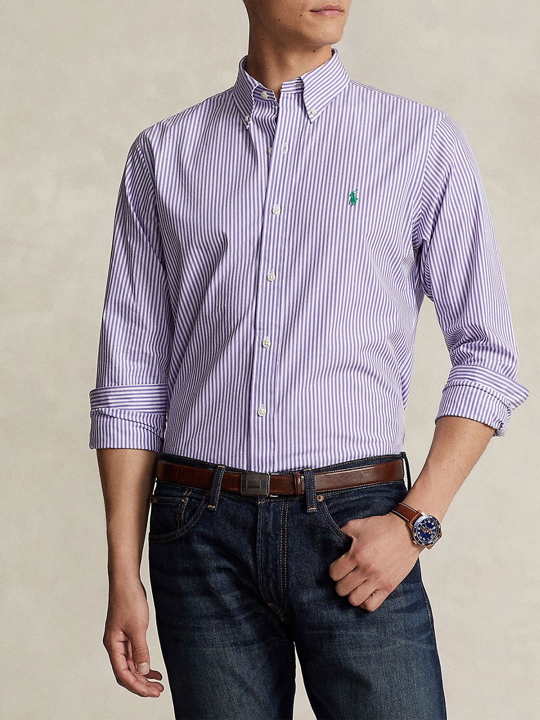 

Polo Ralph Lauren Men Button-Down Collar Vertical Striped Cotton Casual Shirt, Purple