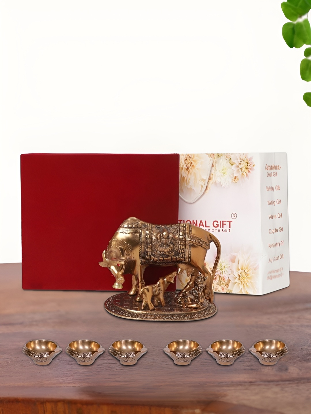 

INTERNATIONAL GIFT Brown Kamdhenu Cow with 6 Diya Box and Bag, Copper