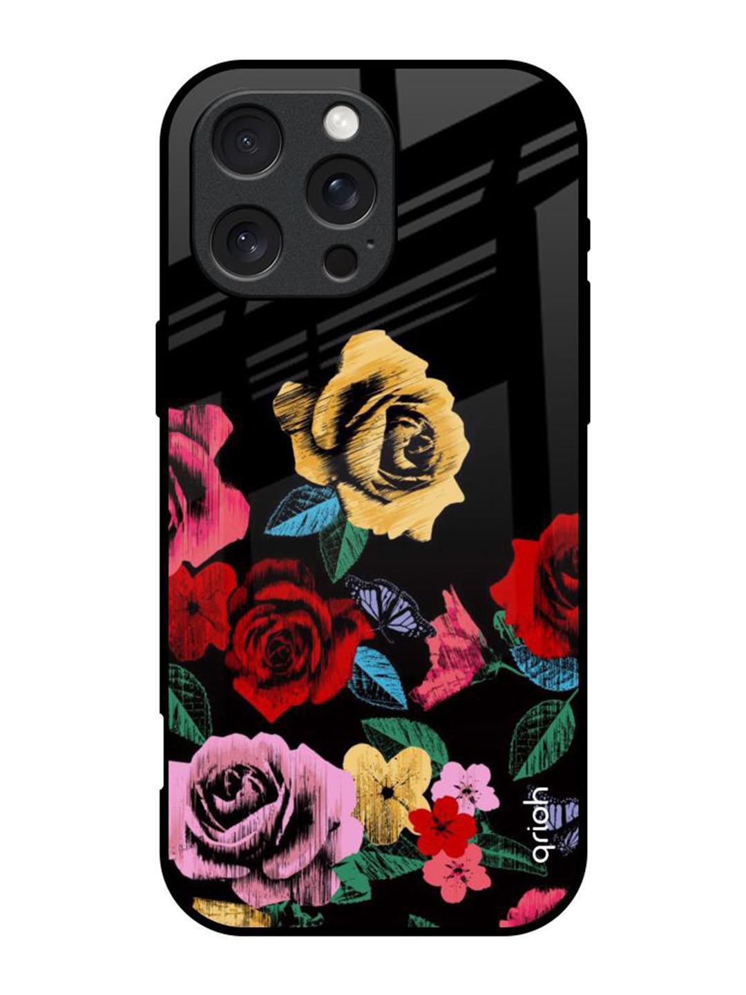 

QRIOH Floral Printed iPhone 16 Pro Back Case Mobile Accessories, Black