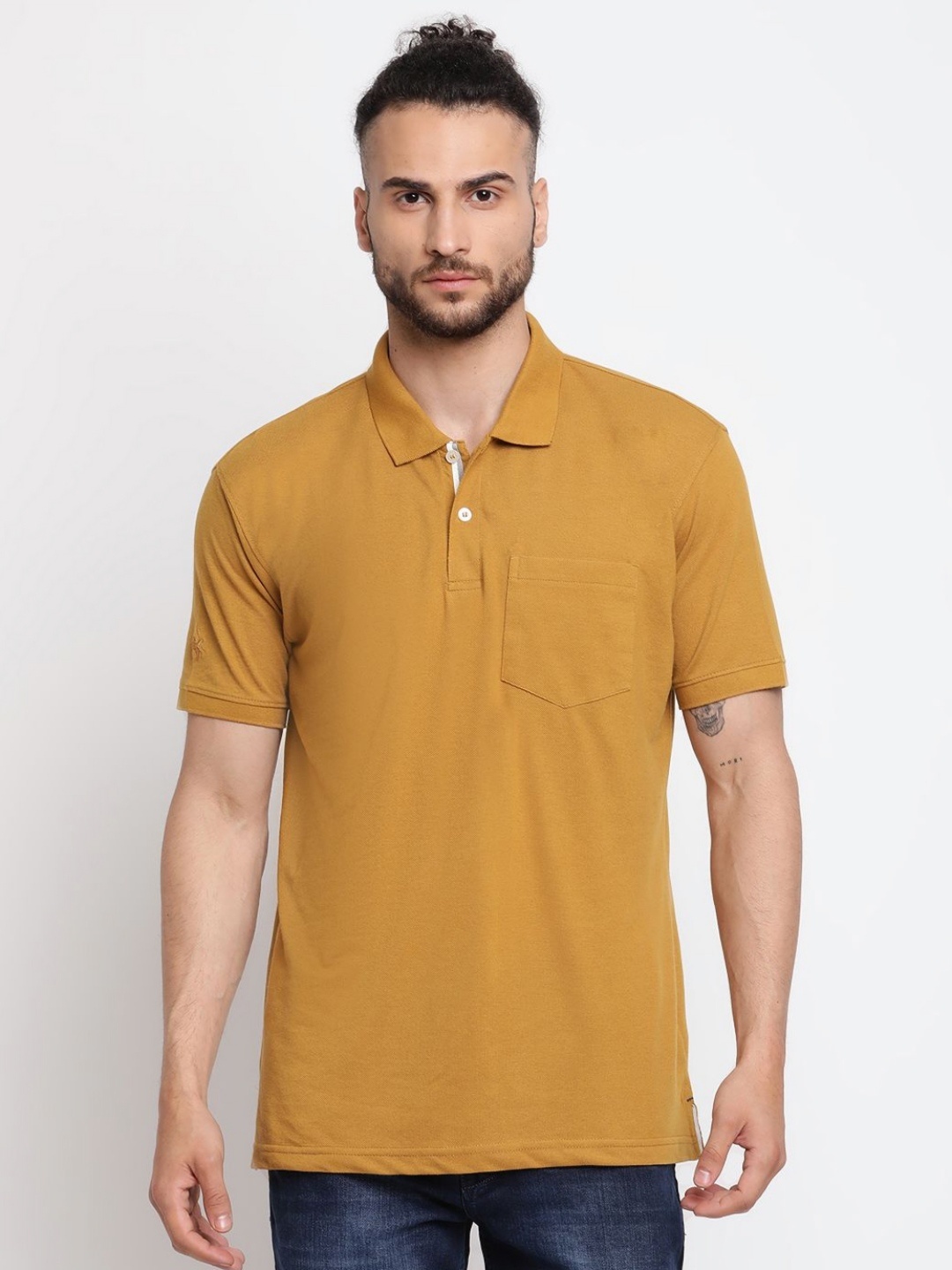 

Cantabil Men Solid Polo Collar Cotton T-shirt, Mustard