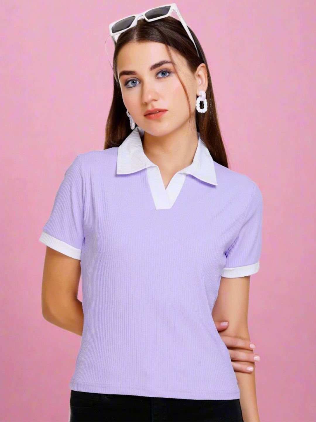 

White Moon Rib Knit Collar Top, Lavender