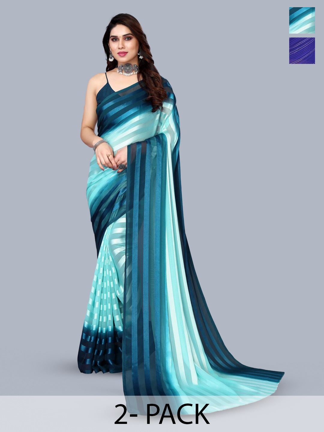 

Moda Rapido Set of 2 Striped Satin Sarees, Blue