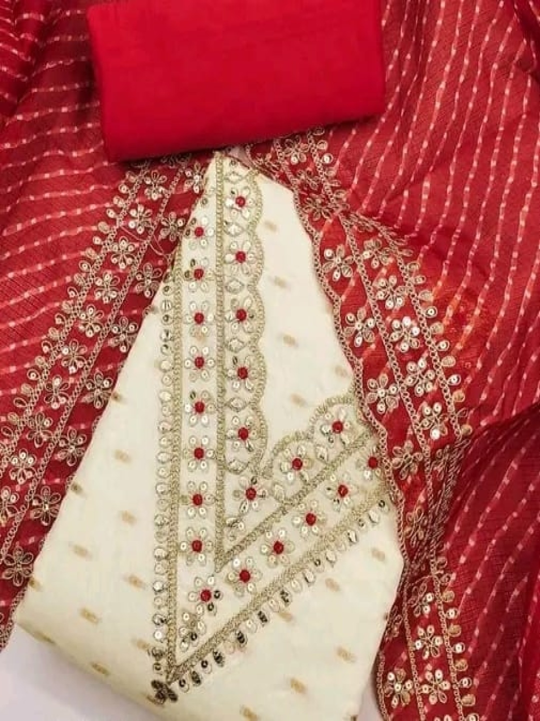 

BlissFlair Ethnic Motifs Printed Embellished Pure Cotton Unstitched Dress Material, White