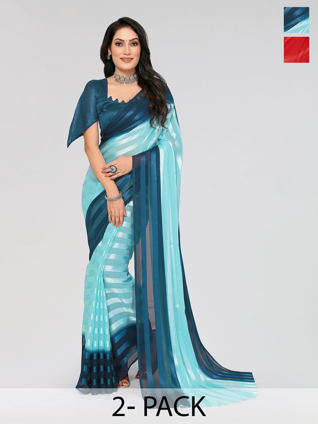 

Moda Rapido Set of 2 Striped Satin Sarees, Blue