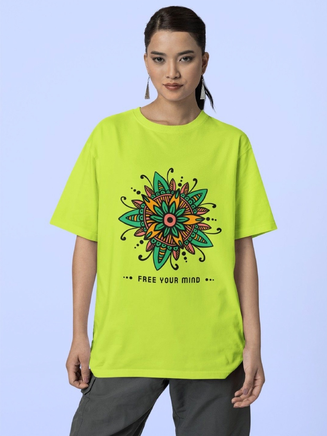 

Reifica Women Graphic Printed Round Neck Cotton Oversized T-shirt, Lime green