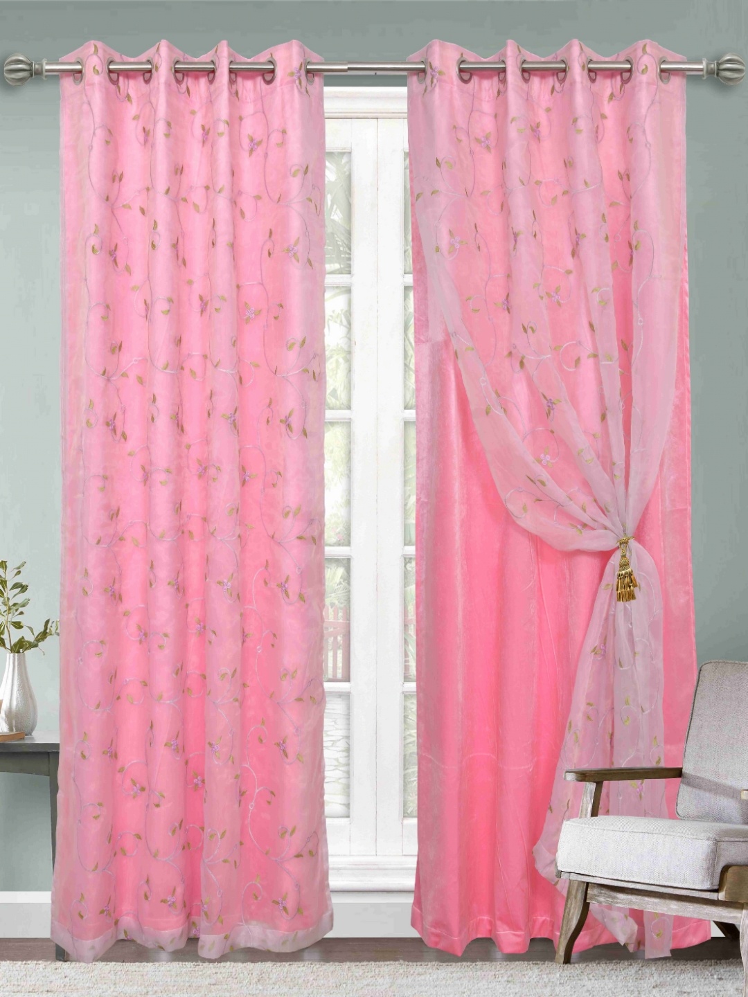 

Aura Pink And Green 2 Pieces Embroidered Long Door Rod Pocket Velvet Curtains