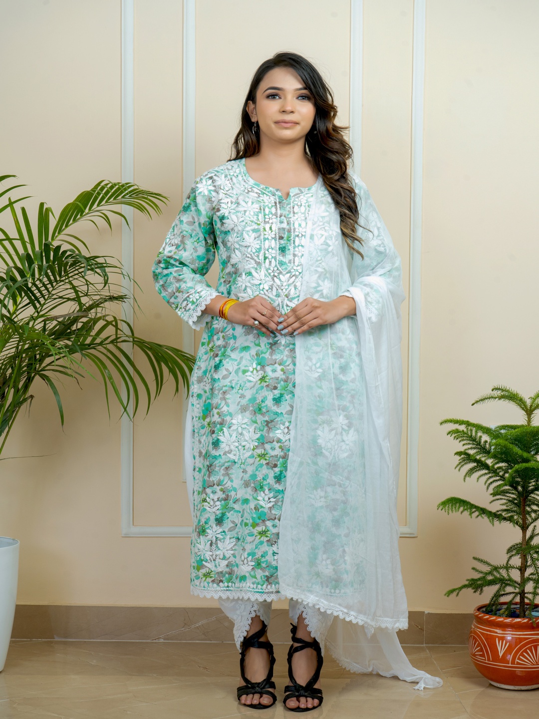 

ADR CHIKAN Floral Printed Long Sleeves Mulmul Cotton Straight Kurta With Dhoti Pants Set, Sea green