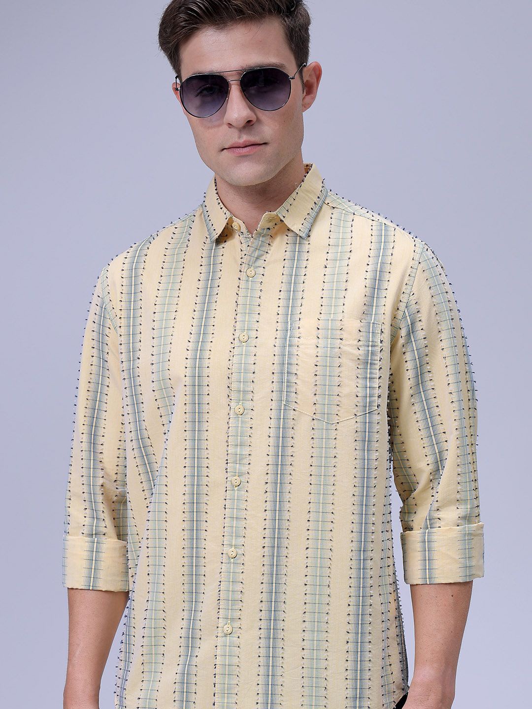 

The Indian Garage Co Men Slim Fit Spread Collar Textured Cotton Casual Shirt, Yellow