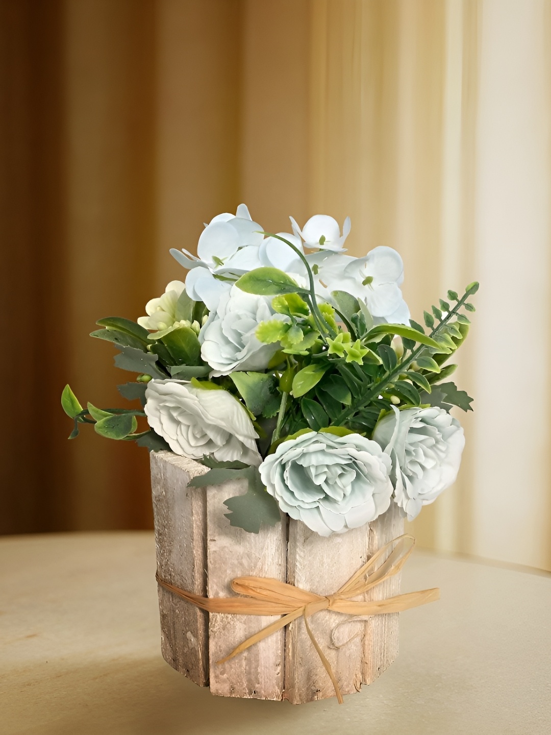 

Cortina White And Green Rose Artificial Flower With Wooden Pot