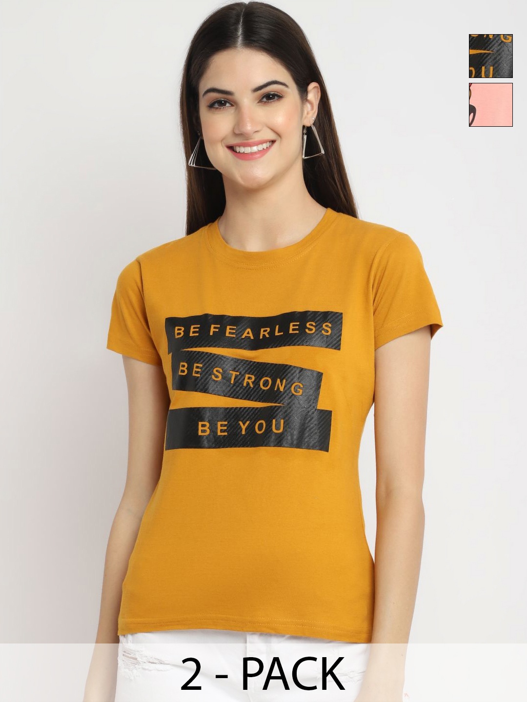 

Dreambe Women Pack Of 2 Graphic Printed Round Neck Cotton T-shirts, Mustard