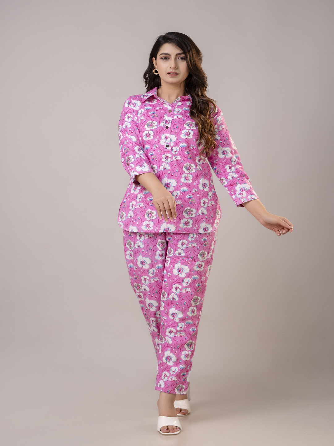 

Malia Floral Printed Pure Cotton Tunic With Trouser, Pink