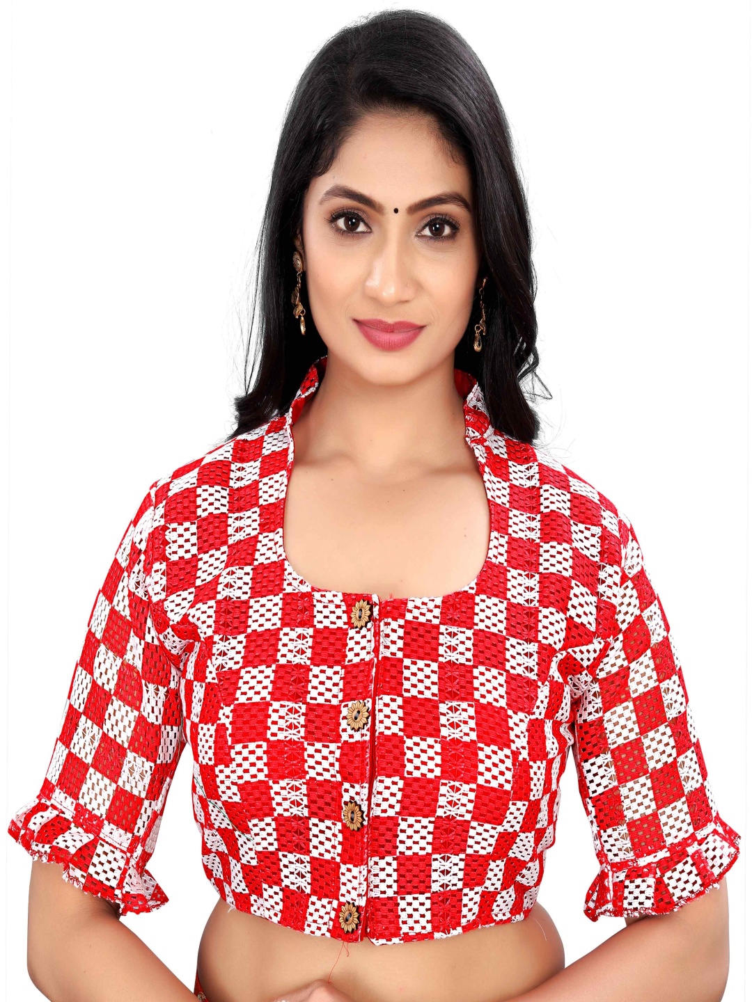 

HERE&NOW Checked Round Neck Saree Blouse, Red