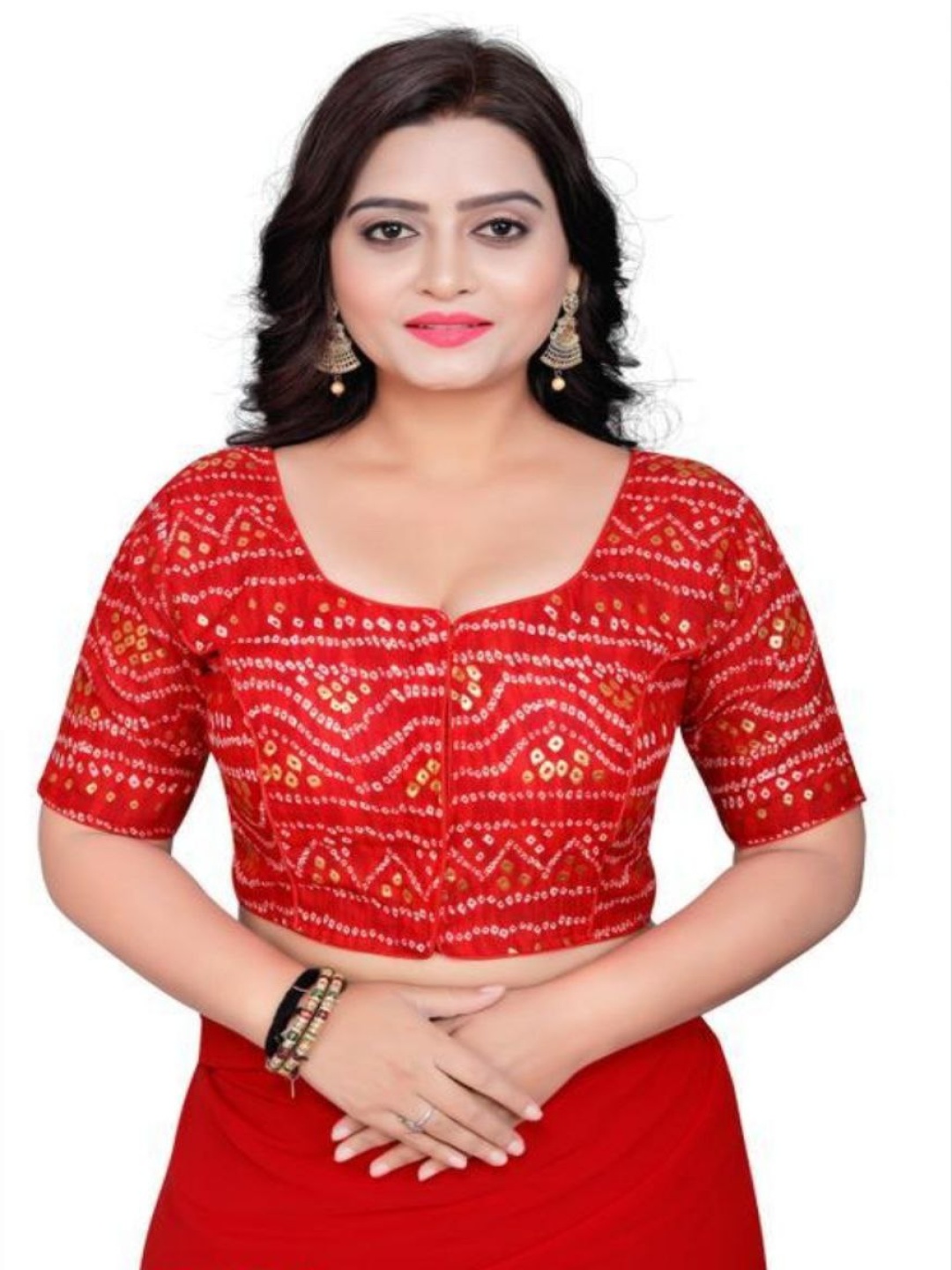 

HERE&NOW Printed Round Neck Saree Blouse, Red