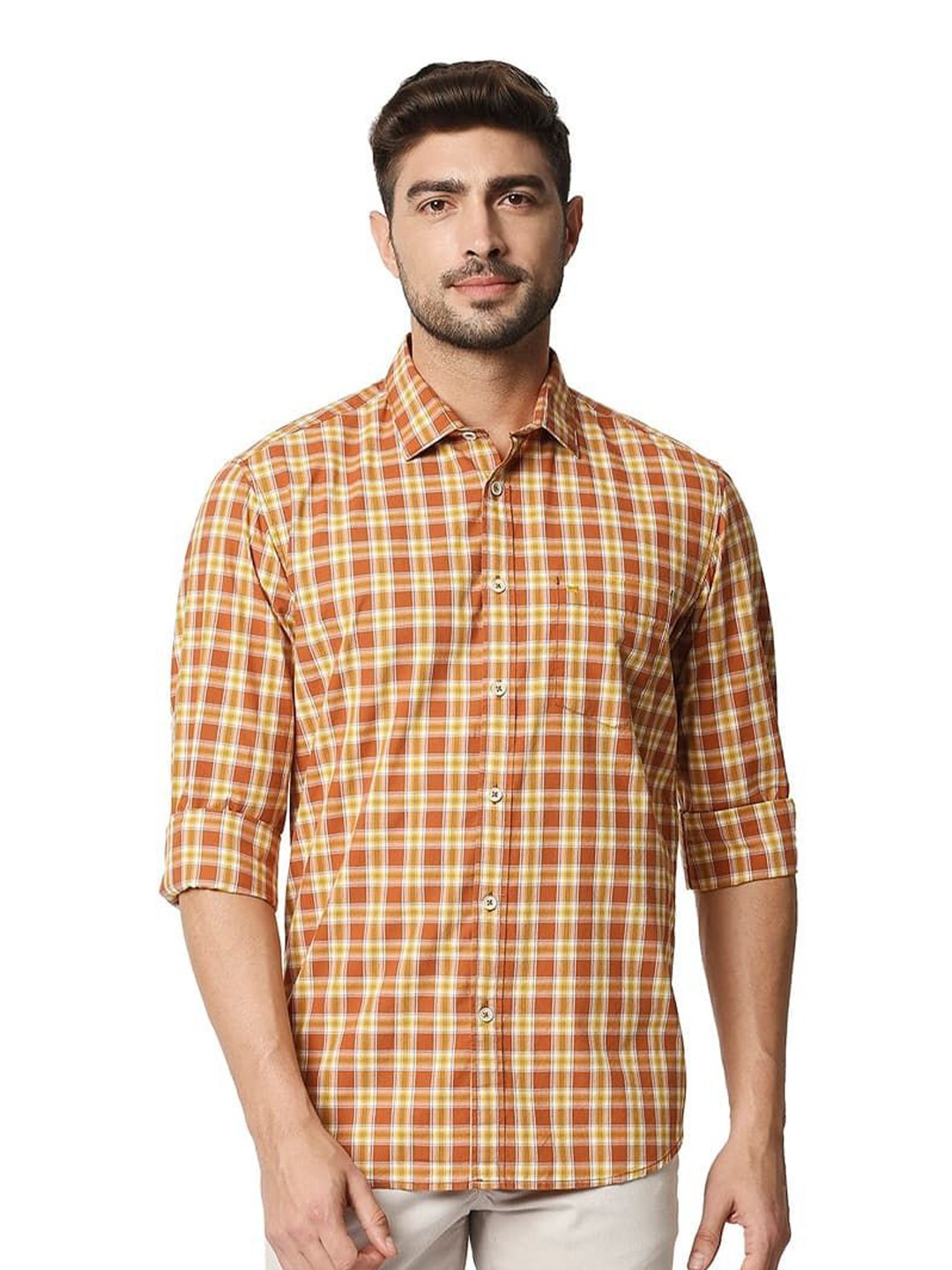 

Basics Men Relaxed Fit Spread Collar Checked Cotton Casual Shirt, Orange