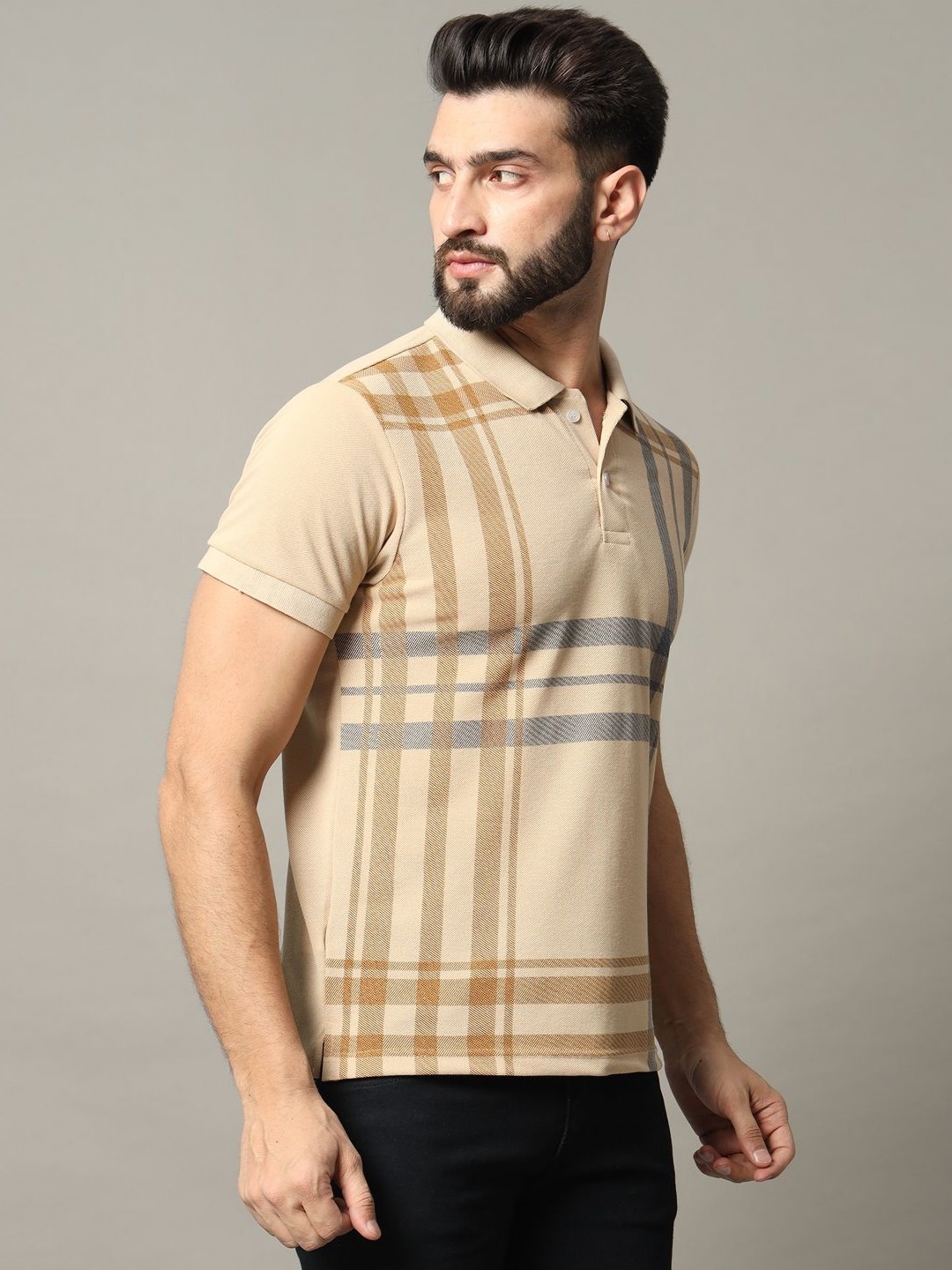 

RELANE Men Checked Polo Collar Cotton Slim Fit T-shirt, Beige