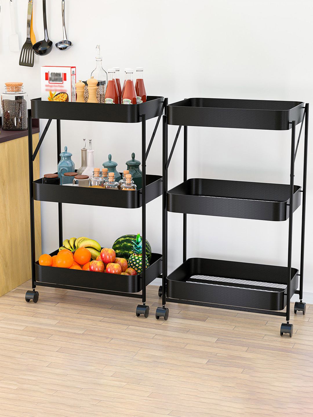 

Kuber Industries Set Of 2 Foldable 3-Tier Metal Kitchen Storage Rack With Wheels, Black