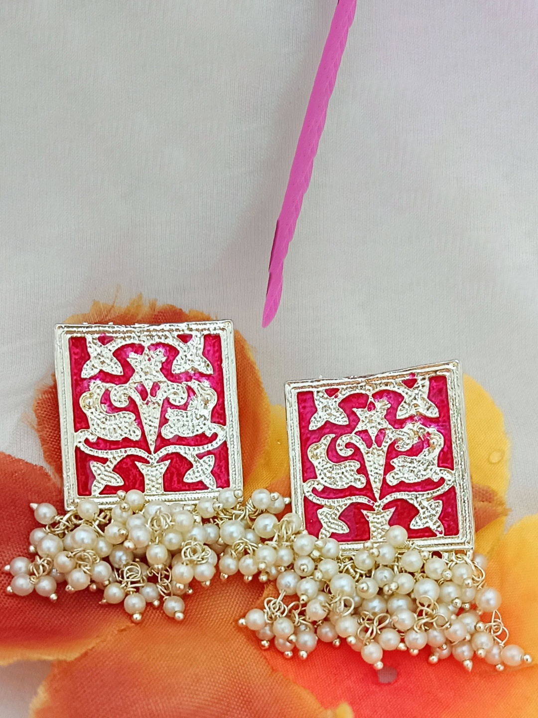 

EVY Gold-Plated Geometric Shaped Artificial Beads Studded Drop Earrings, Red