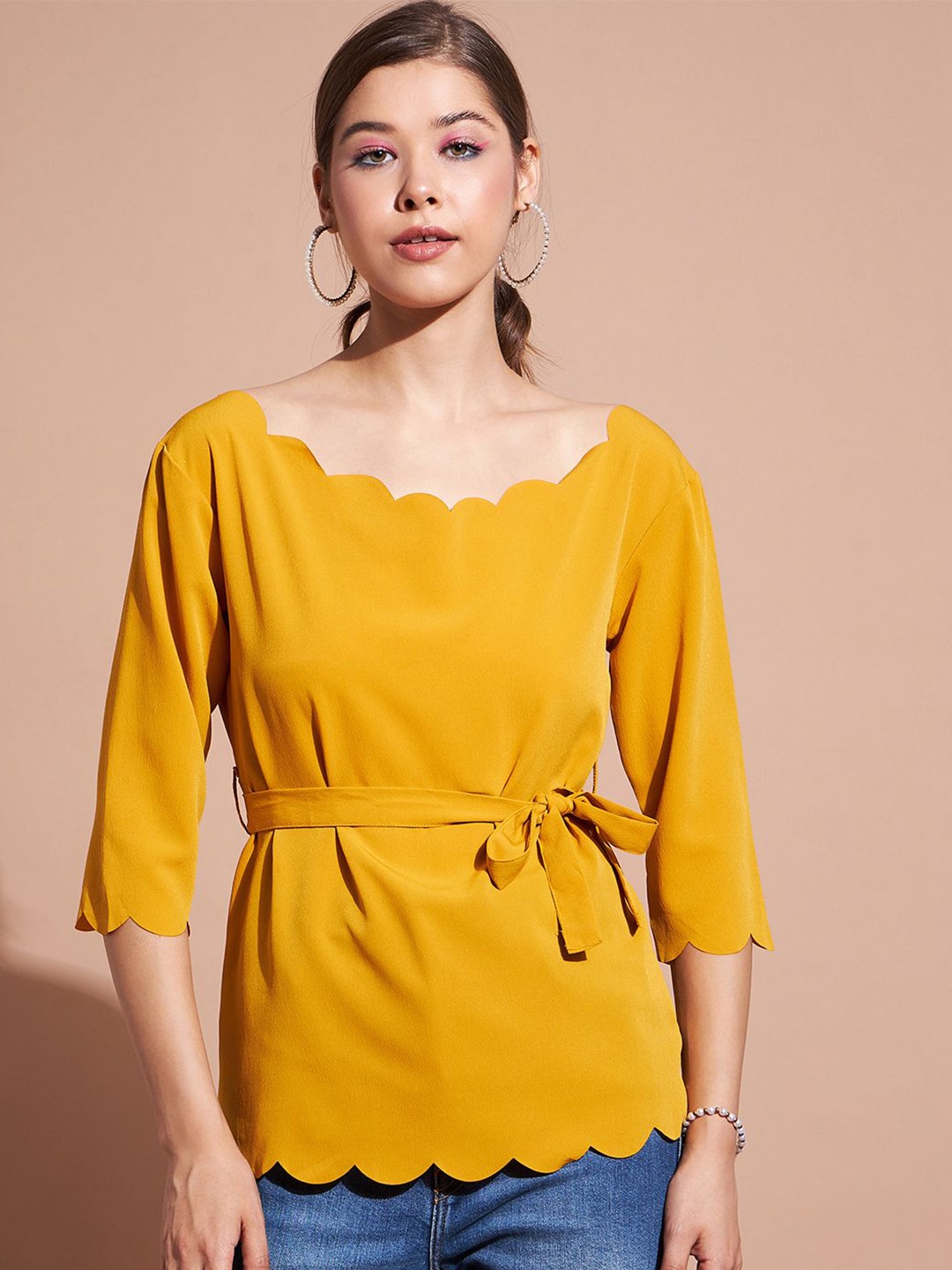 

DressBerry Scalloped Cinched Waist Top, Yellow