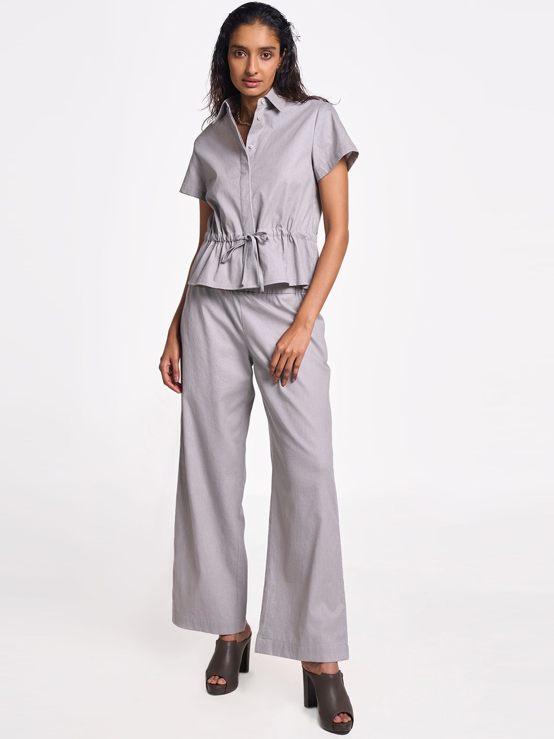 

Terra Luna Women Smart Fit Spread Collar Solid Cotton Casual Shirt, Grey