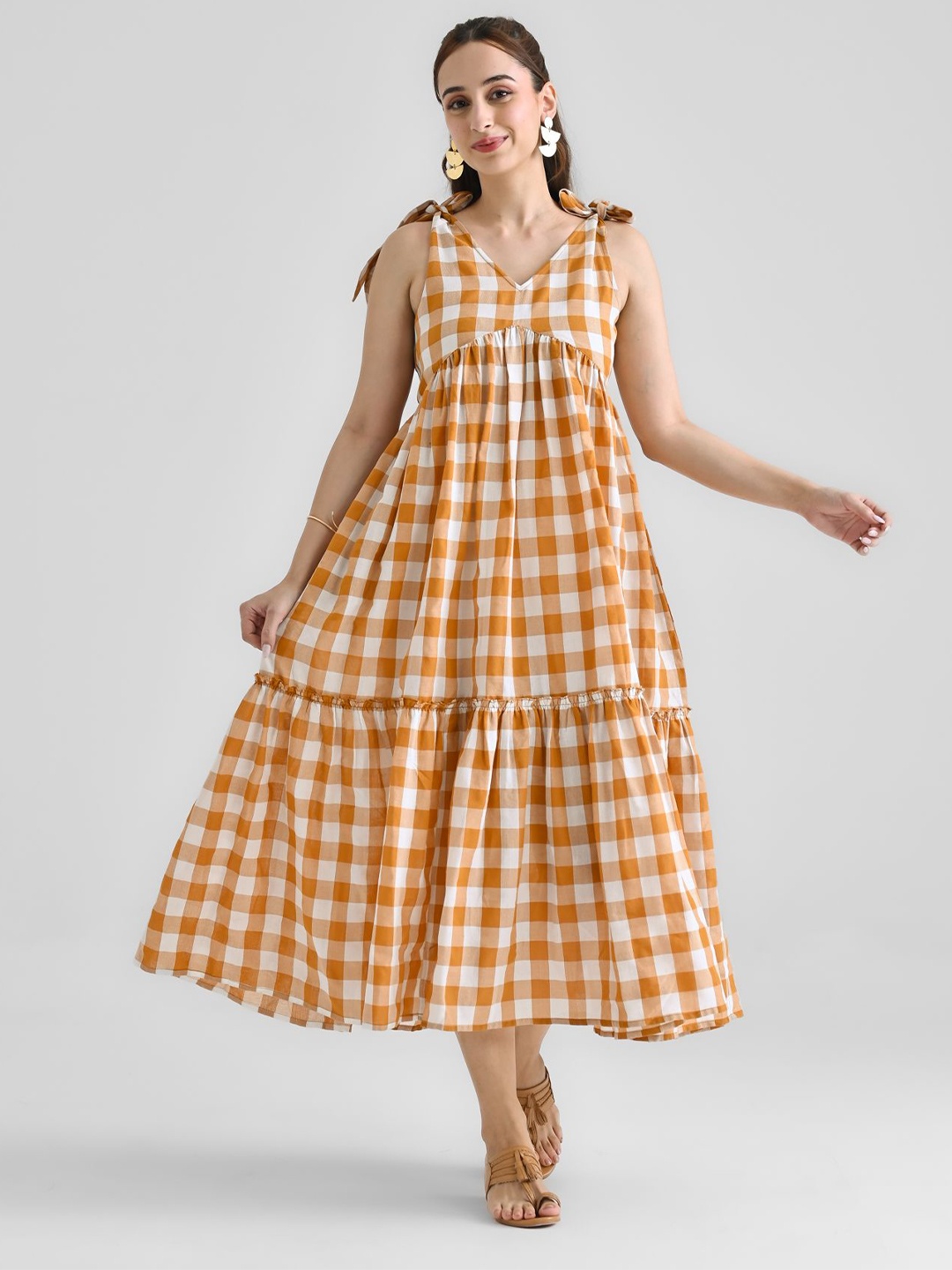 

Rustorange Women Checked Tiered Cotton A-Line Midi Dress, Yellow