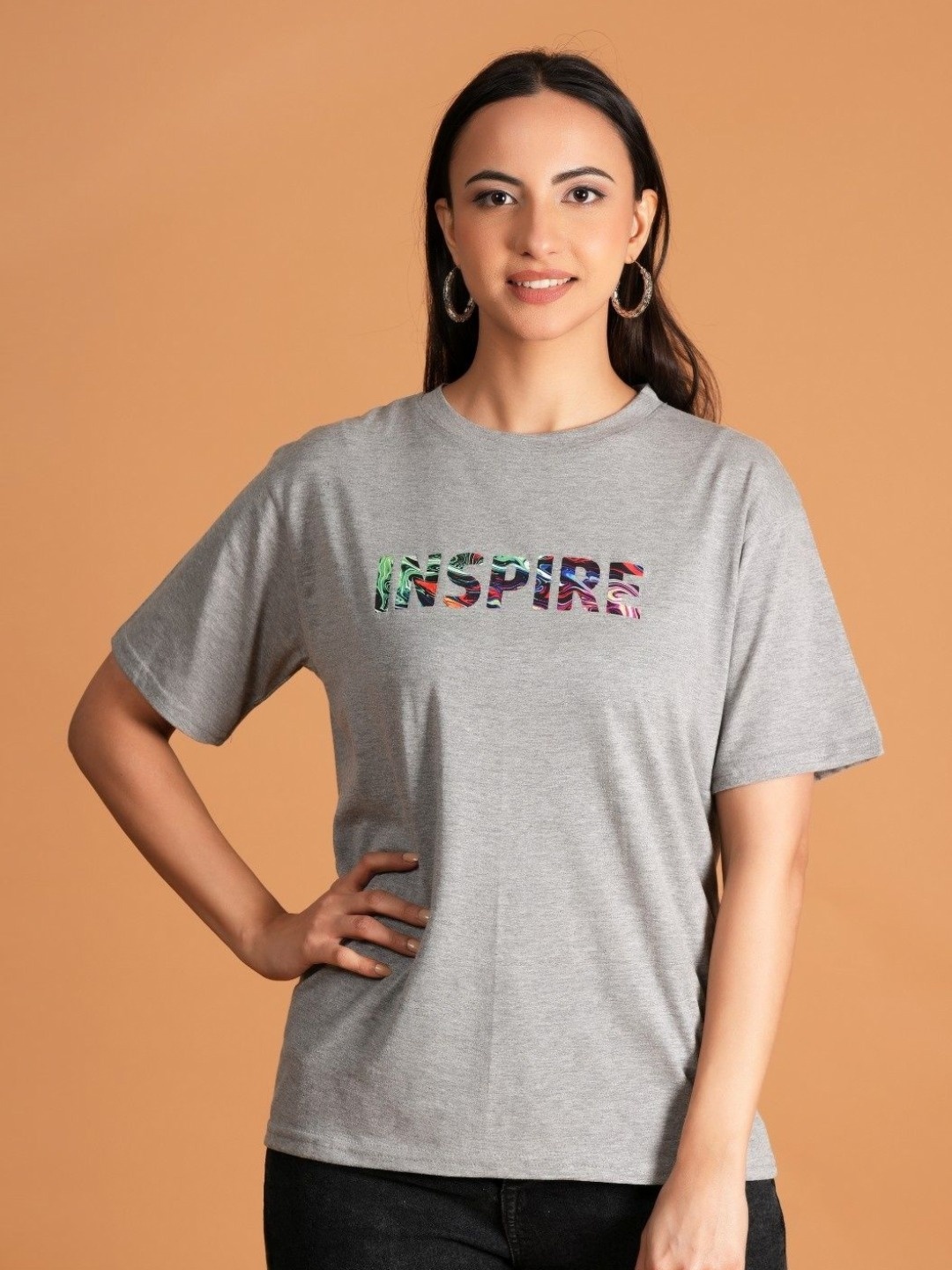 

BAESD Women Typography Printed Round Neck Cotton Relaxed Fit T-shirt, Grey