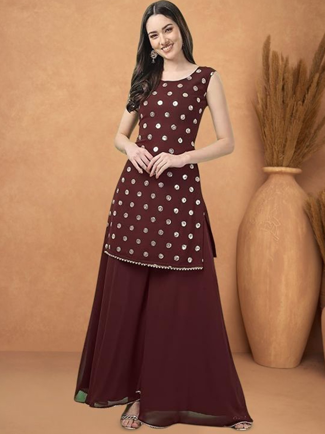 

PARROT CREATION Geometric Embroidered Georgette Straight Kurti With Sharara & Dupatta, Brown